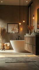 Elegant Modern Bathroom with Natural Decor and Soft Lighting