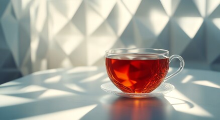 Warm cup of tea resting on a table with soft light and shadows from sheer curtains