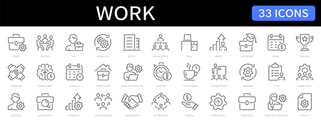 Work thin line icons set. Career, job, employee, cooperation, office editable stroke icon. Vector