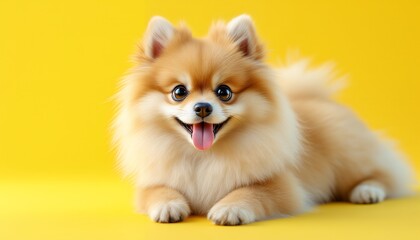 Obraz premium Adorable Pomeranian Puppy Posing Against a Vibrant Yellow Background A Delightful Image of a Fluffy Canine Companion