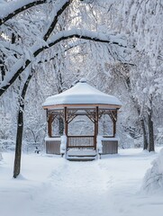 Snow Covered Gazebo In Winter Wonderland Park