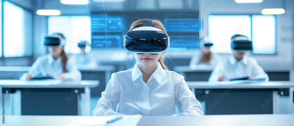 Poster futuristic classroom with students using virtual reality headsets for immersive learning, seated at desks in bright, modern environment