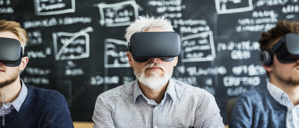 Poster futuristic classroom with students and teacher using virtual reality headsets for immersive learning, with chalkboard full of equations in background