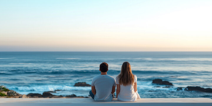 couple sitting on balcony overlooking ocean during serene sunset, enjoying peaceful view and tranquil atmosphere