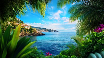 Fototapeta premium Coastal towns in tropical settings, palm trees framing a serene shoreline, vivid and clear lighting.