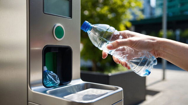 Placing empty plastic bottle into a reverse vending machine. Deposit return system for plastic bottles.  Sustainable waste management, recycling plastic