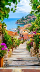 Coastal towns nestled on cliffs, narrow cobblestone streets winding through vibrant homes.