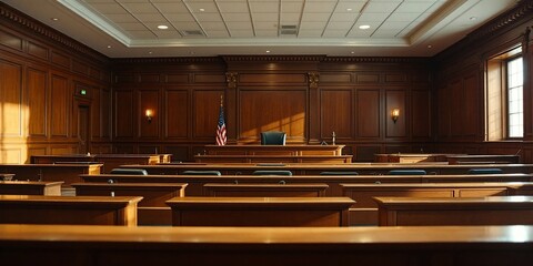 Empty courtroom with wooden benches and judge's bench. Classic American legal setting. Law and justice concept. Traditional interior for trials and hearings
