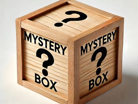 3d lucky random mystery carton wooden box on it question mark in isolated white background