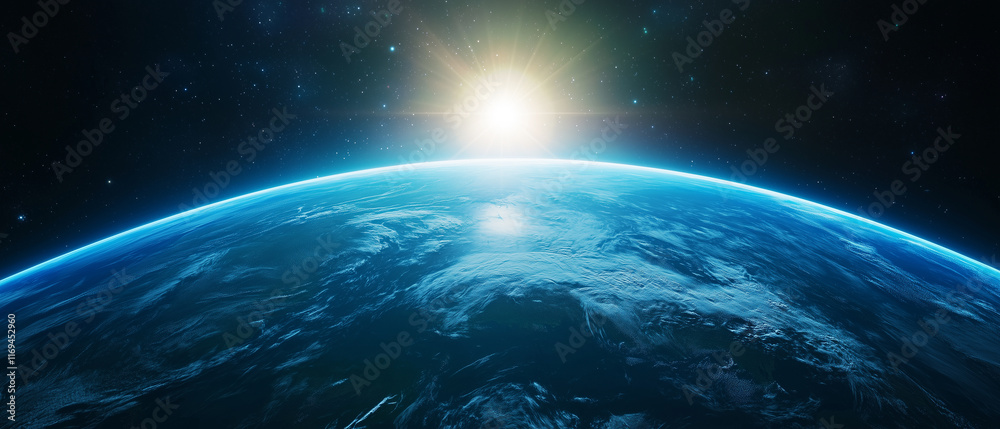 Poster stunning view of earth from space with sun rising over horizon, showcasing planet curvature and glow