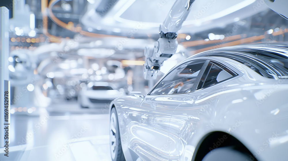 Aufkleber robotic arm assembling sleek car in futuristic, high tech automotive factory, showcasing advanced ma