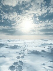Snow covered landscape with footprints leading towards a bright sky