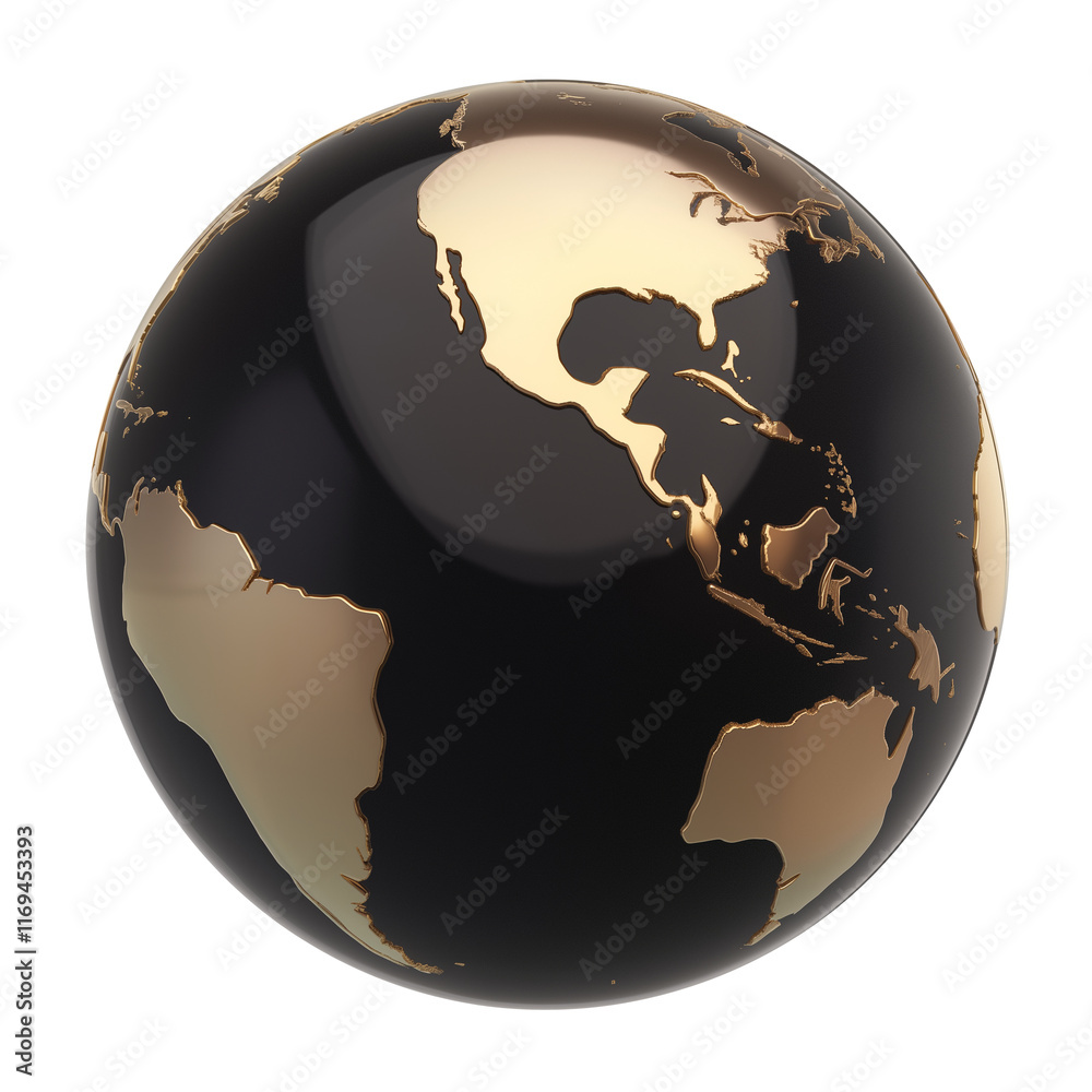 Poster black and gold globe with reflective continents, isolated on transparency background, showcasing mod