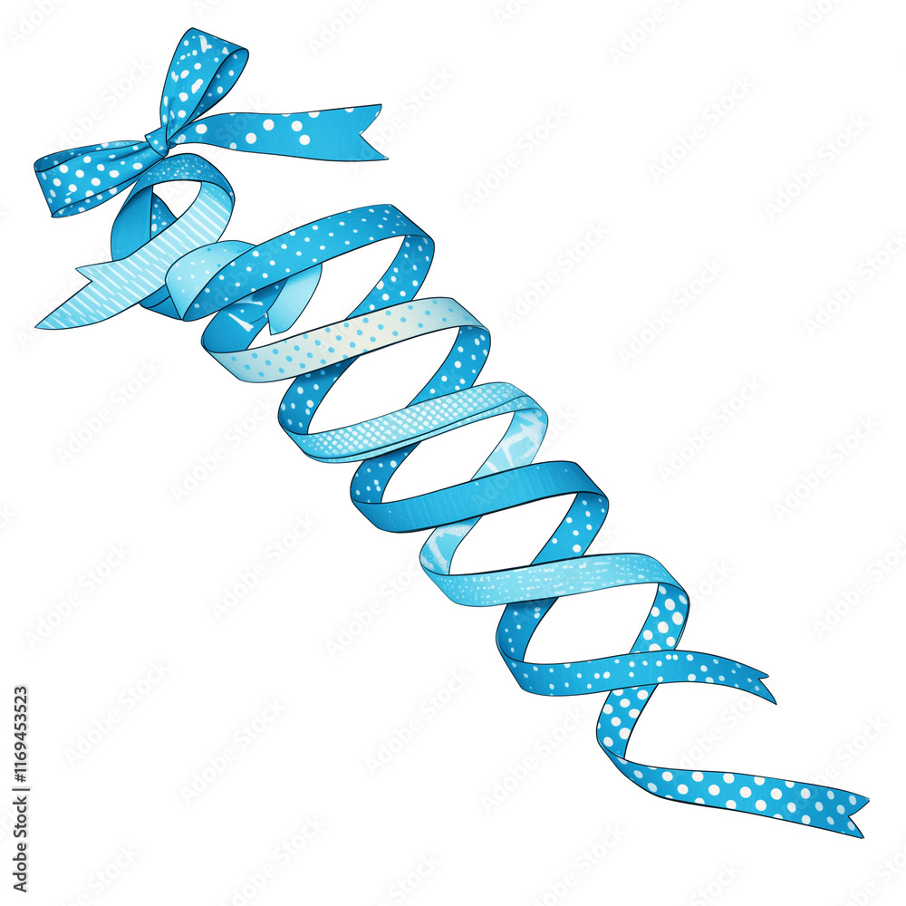 Poster blue decorative ribbon with polka dots and stripes, tied into bow and spiraling downward, isolated o