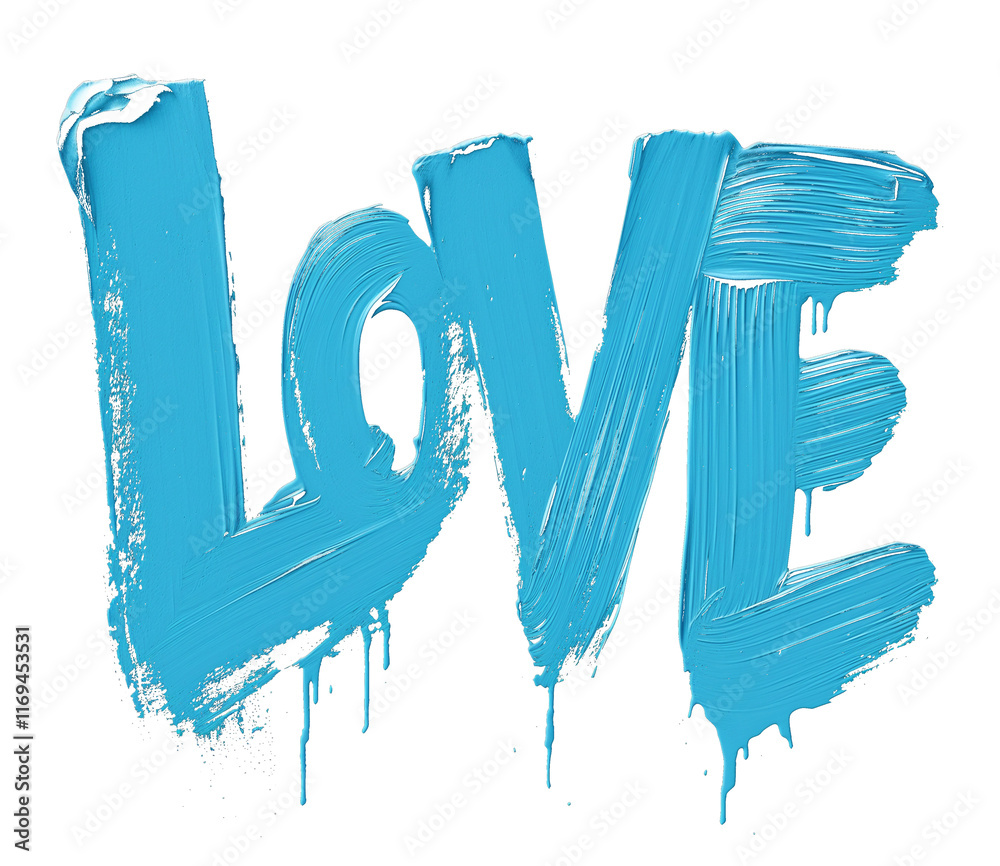 Poster blue love text with gradient brush effect, isolated on transparency background, featuring dripping p