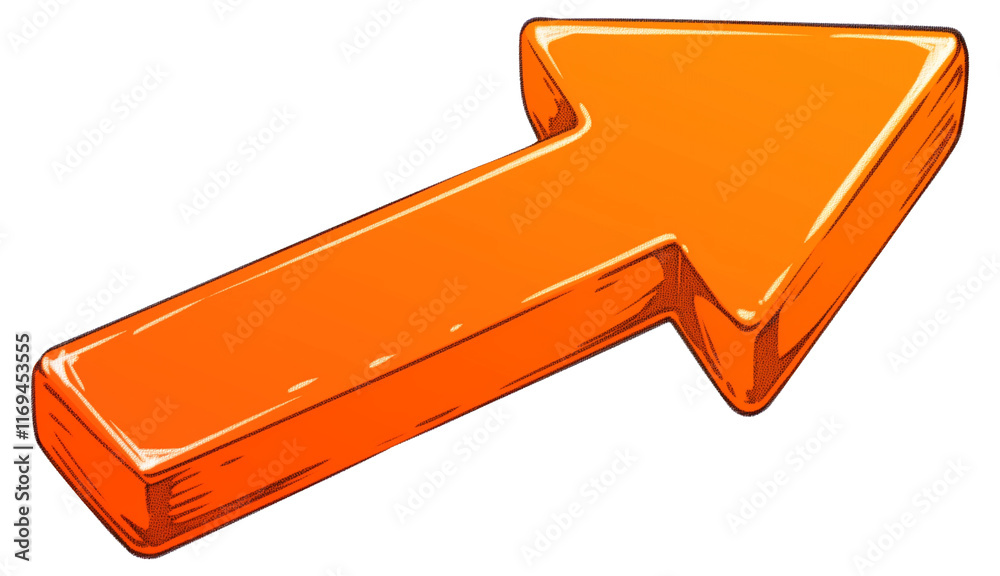 Poster bright orange arrow with glossy finish and bold 3D design pointing upward, featuring smooth edges and vibrant appearance