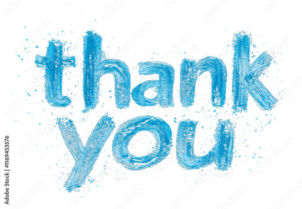 Poster Blue thank you text with gradient brush effect and scattered paint splatter on transparency background, creating vibrant and artistic design