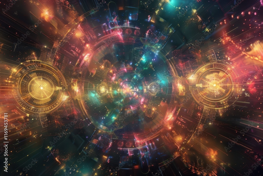 Fototapete colorful cosmic explosion with glowing circles and starburst effects in deep space creating an ether