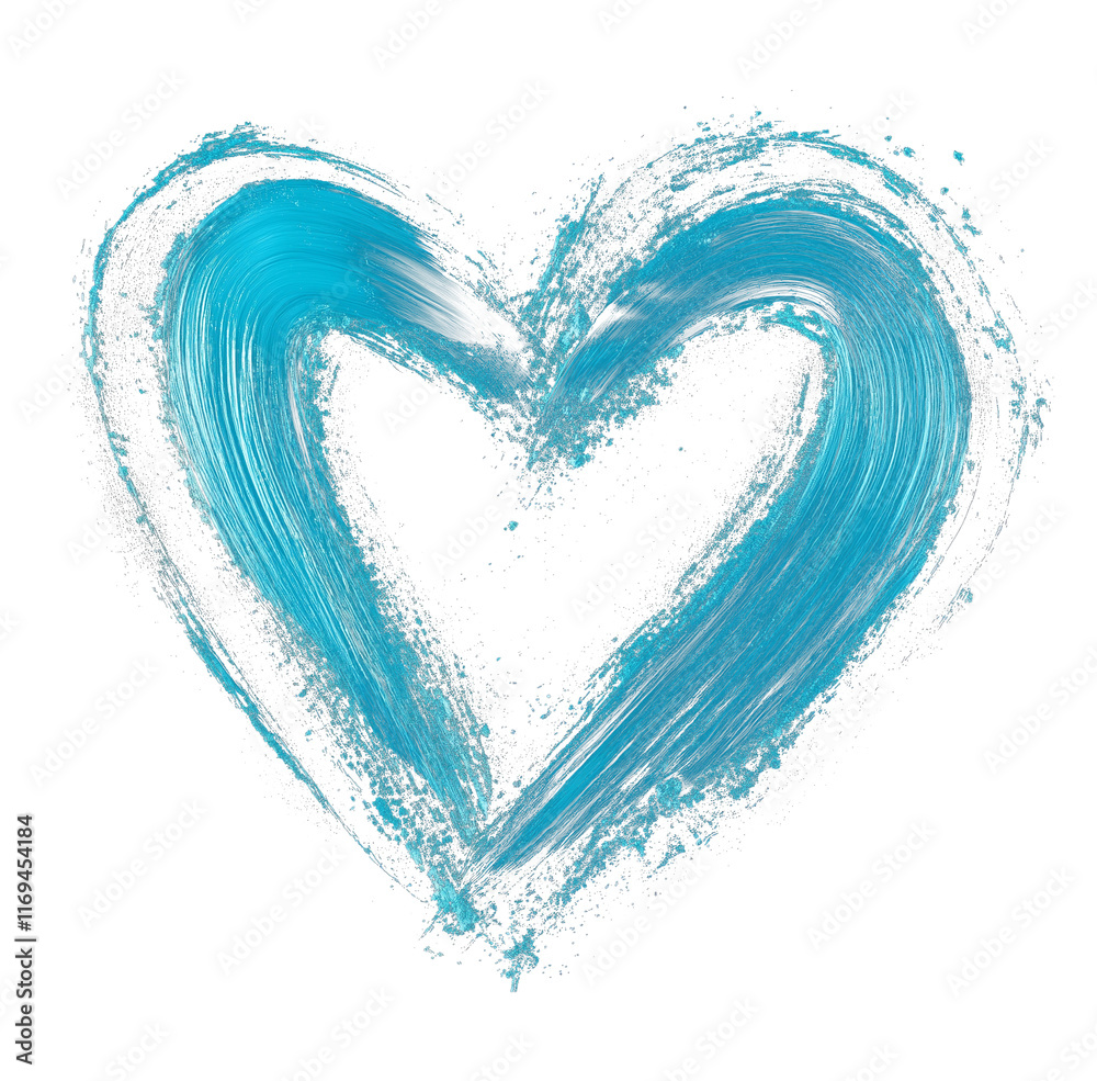 Aufkleber cyan heart with smooth and glossy brush strokes, featuring textured splashes and dynamic artistic design, isolated on transparency background