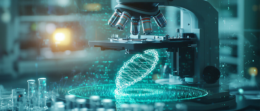 futuristic microscope analyzing glowing DNA hologram in high tech laboratory, symbolizing advanced genetic research and biotechnology innovation