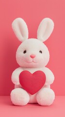 Obraz premium Valentine's Day Cute Fluffy Bunny Holding Heart Valentine s Day Love Romantic Pink Background Adorable Sweet Soft