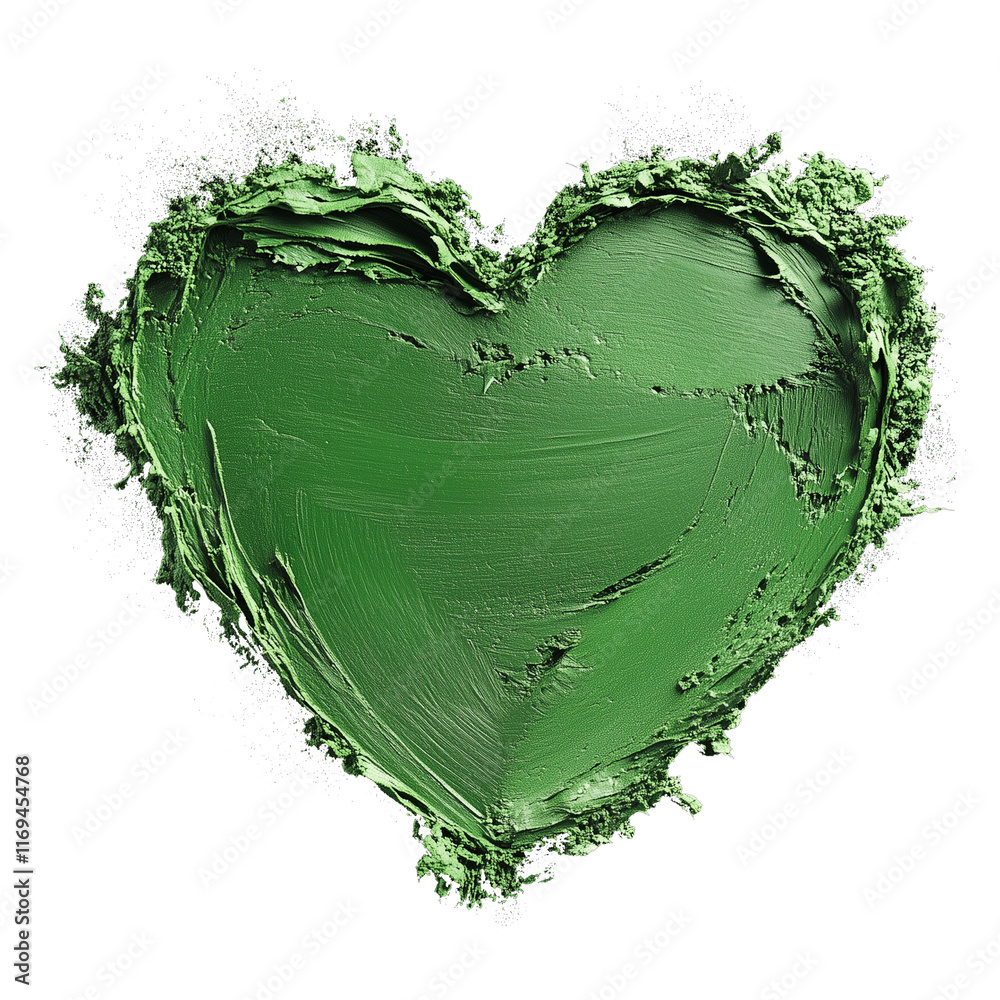 Poster textured green heart with thick natural brushstrokes and splattered edges on transparency background
