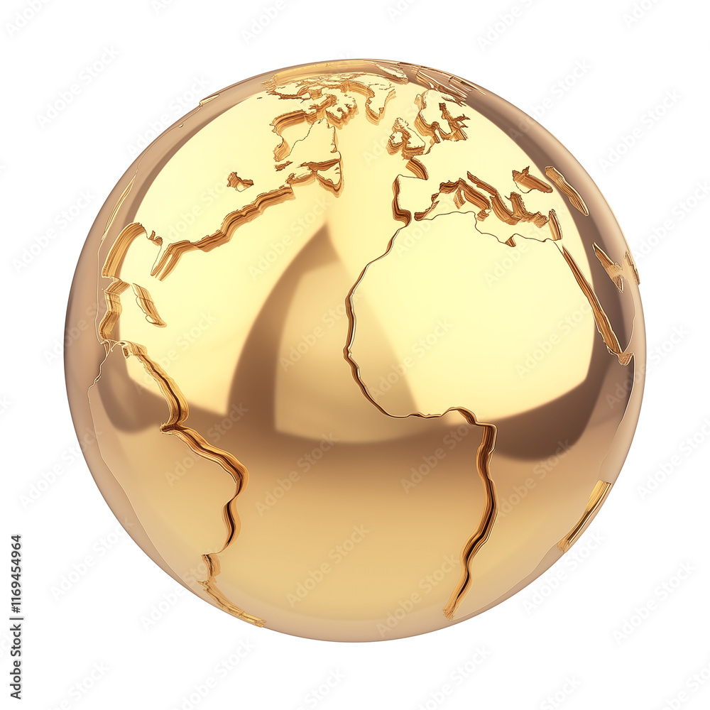 Poster gold plated globe with smooth curvature, featuring detailed continents, isolated on transparency bac