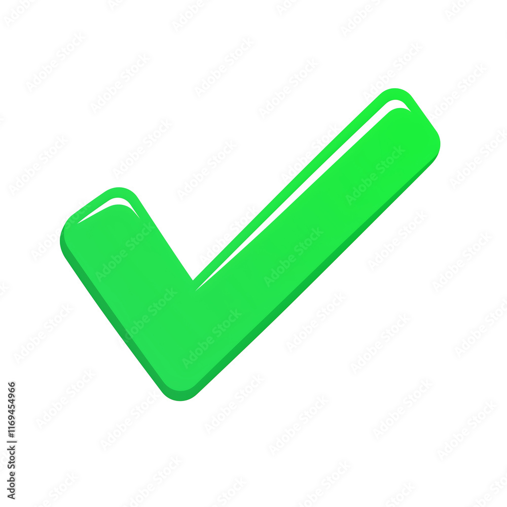 Poster green check mark with glossy finish, isolated on transparency background, symbolizing approval, succ