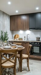 Modern Kitchen Interior Design with Wooden Accents and Table Setting