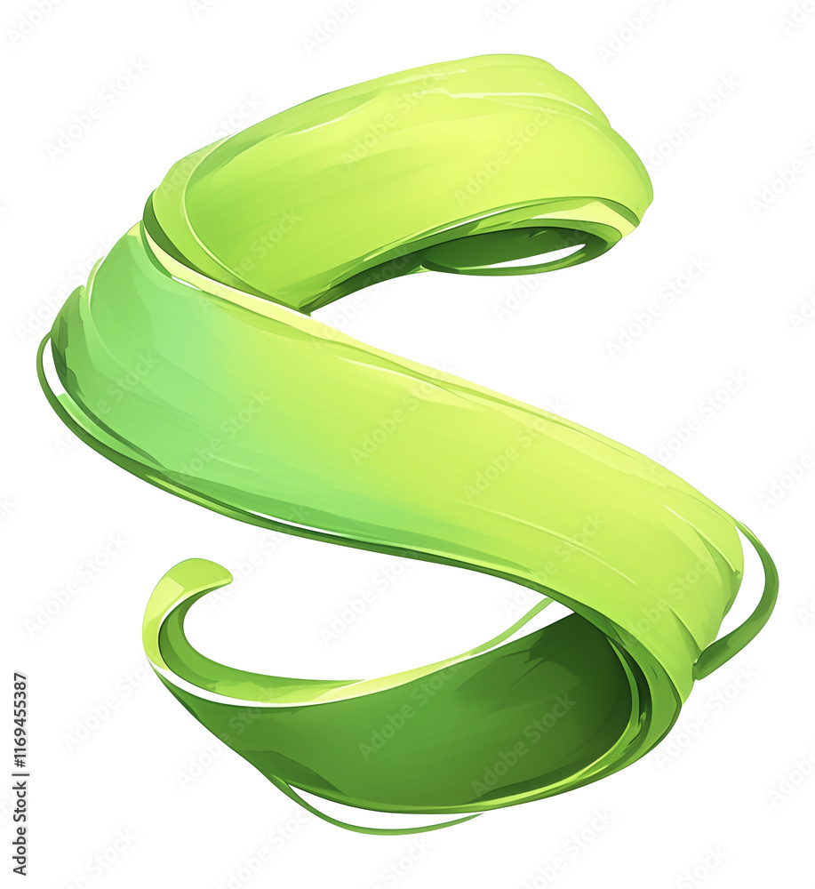 Poster soft green ribbon forming elegant s shape with smooth, glossy texture, isolated on transparency back