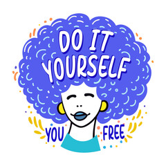 A flat sticker of a smiling afro woman with text 