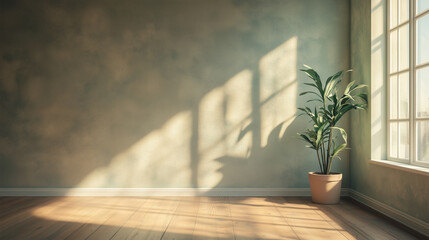Render 3D de uma bela sala iluminada pelo sol com janela lateral, paredes clara  e um piso de madeira com um vaso de planta, cenário perfeito para a colocação de elementos publicitários