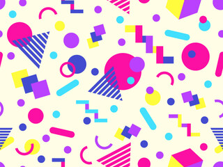 Geometric seamless pattern with memphis elements in 80s style. Colorful geometric pattern. Design of promotional products, wrapping paper and printing. Vector illustration