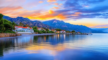 Coastal towns framed by distant mountains, the soft light of dawn illuminating the scene.