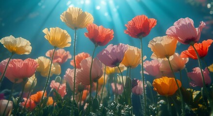 Vibrant poppy flowers basking in golden sunlight under a clear blue sky