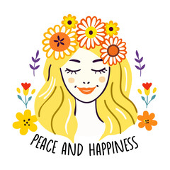 A flat sticker of peaceful woman wearing floral headband