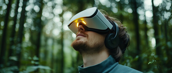man wearing virtual reality headset explores lush green forest, immersed in futuristic experience blending technology and nature