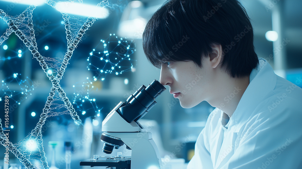 Poster focused scientist in laboratory uses microscope, surrounded by glowing dna helix graphics, symbolizi