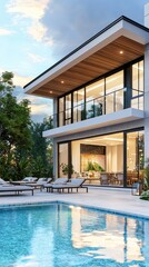 Fototapeta premium Modern Luxury Villa with Swimming Pool and Sunny Outdoor Area