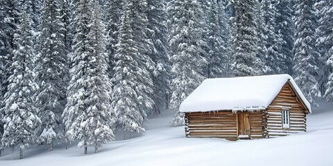 Snow Covered Cabin Nestled Amongst Winter Trees
