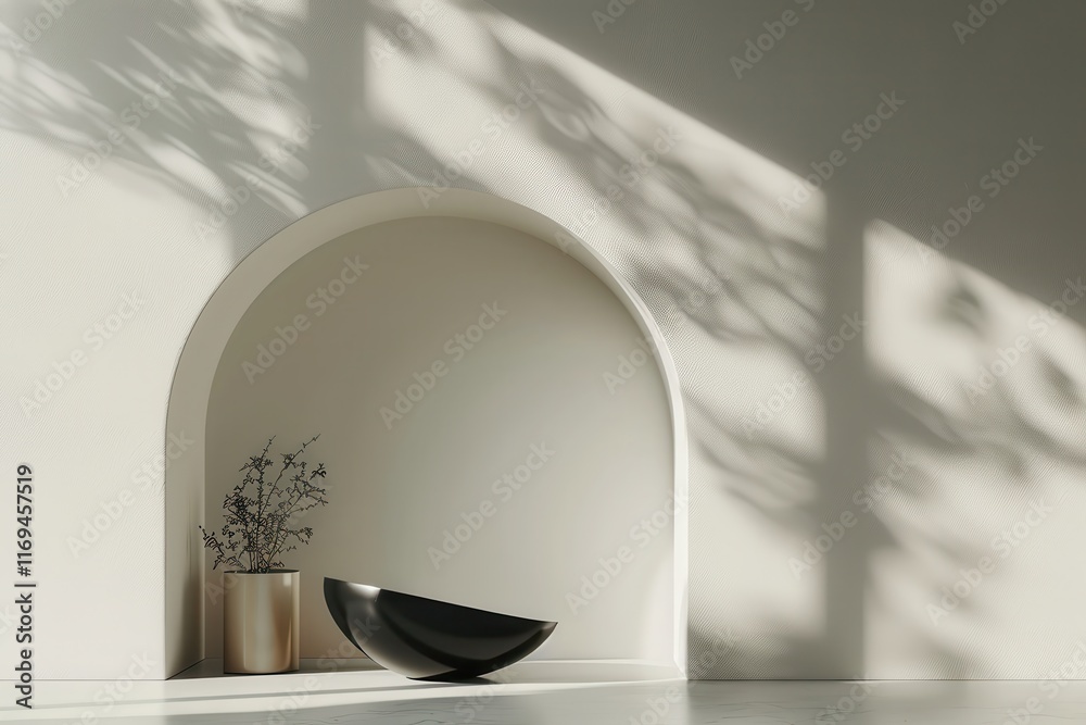 Poster modern minimalistic space featuring a solitary tree and geometric elements with abundant natural lig