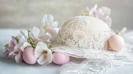 Lace-adorned Easter hat on light background, evoking timeless elegance. Easter
