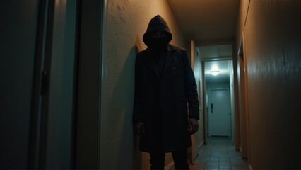 Fototapeta premium Man in a black coat stands in a hallway. Thief in a house at night. Housebreaking Concept