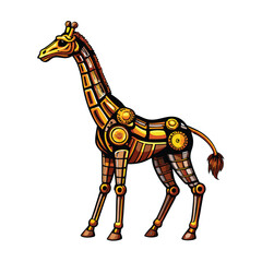 A robotic giraffe with long metal legs and a flexible neck.