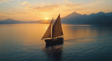 Fototapeta premium Sailboat cruising peacefully at sunset on calm waters with mountains in the background