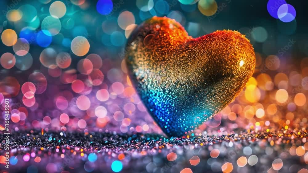 Poster this sparkling heart shines amid a colorful bokeh backdrop, perfect for a romantic atmosphere.