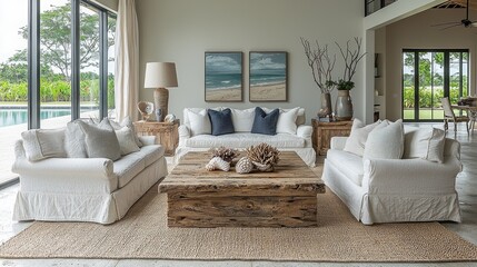 Obraz premium Coastal Serenity: Beach-Inspired Living Room with Driftwood Furniture and Coral Accents