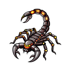 A robotic scorpion with a sharp metal tail and glowing yellow eyes.