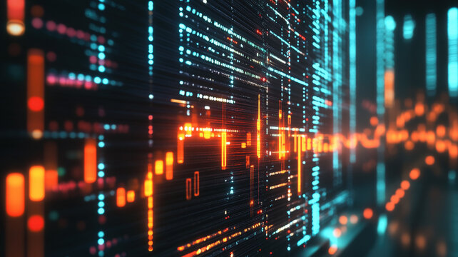 Cryptocurrency growth chart with vibrant orange and blue lines, digital background, and futuristic financial design.