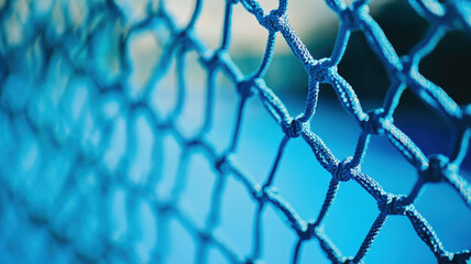 Fototapeta premium Close-up of tennis net texture with fine mesh, blue lighting, and blurred background for sports ambiance.